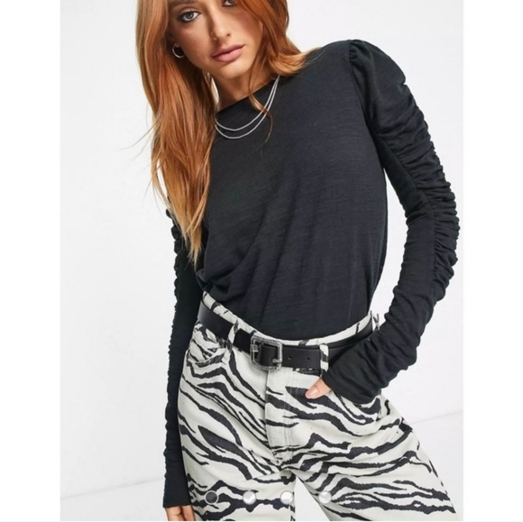 Free People Natasha Ruched Long Sleeve T Shirt Tee Top Black Size M - Picture 6 of 6